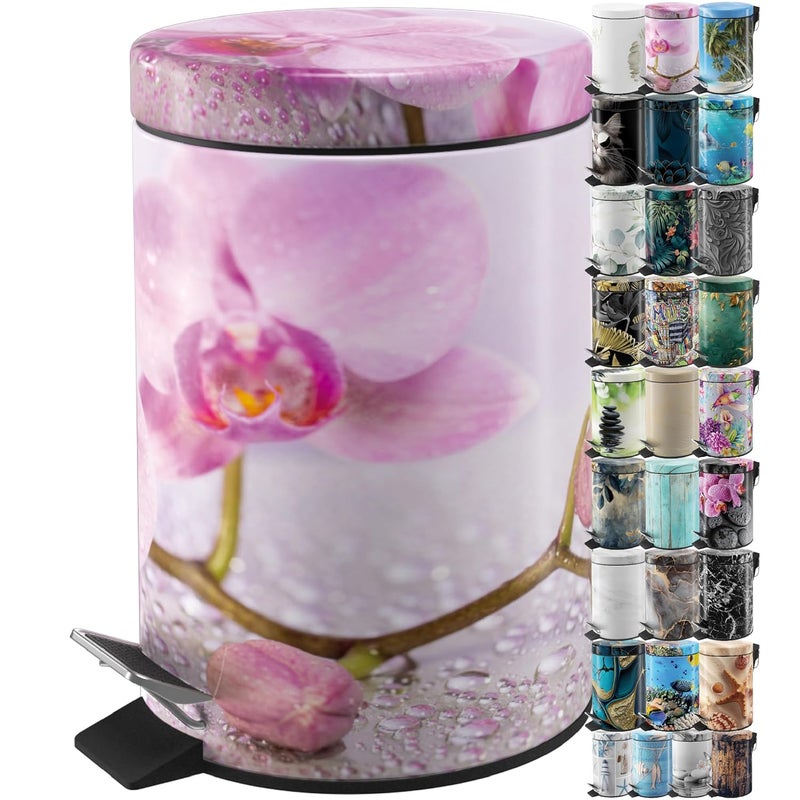 Sanilo Small Bathroom Trash Can with Lid [1.3 Gallon] - Lidded Tiny Trashcan for Garbage - Mini Metal Bin with Soft Closing Mechanism - Bath Room Accessoire Wastebin with Inner Bucket (Blooming) - Image 1